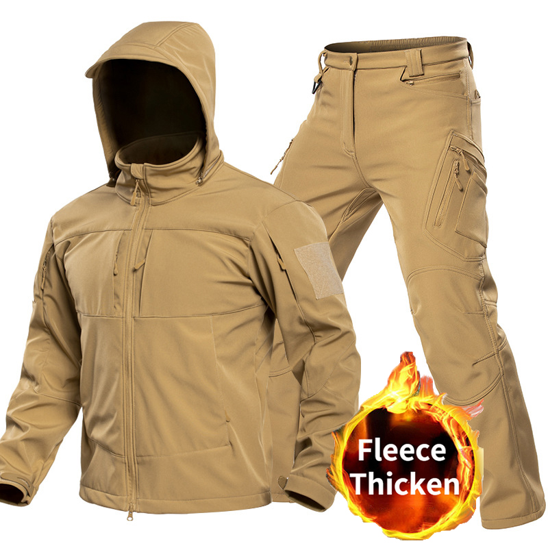 Outdoor Sport Jacket - 男性用アウトドアタクティカルソフトシェルスーツ フード付きフルジップジャケット カーゴパンツ 防風マルチポケットセット ハンティング・ハイキング・キャンプ用