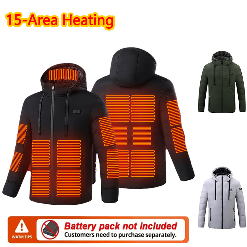 15 エリア加熱式冬用フード付きジャケット男性用暖かい加熱ジ - Outdoor Sport Jacket のレビューと価格